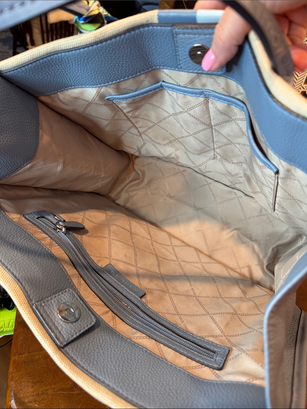 Michael Kors Beige Canvas Tote with Blue Stripe and Scarf - Picture 13 of 14